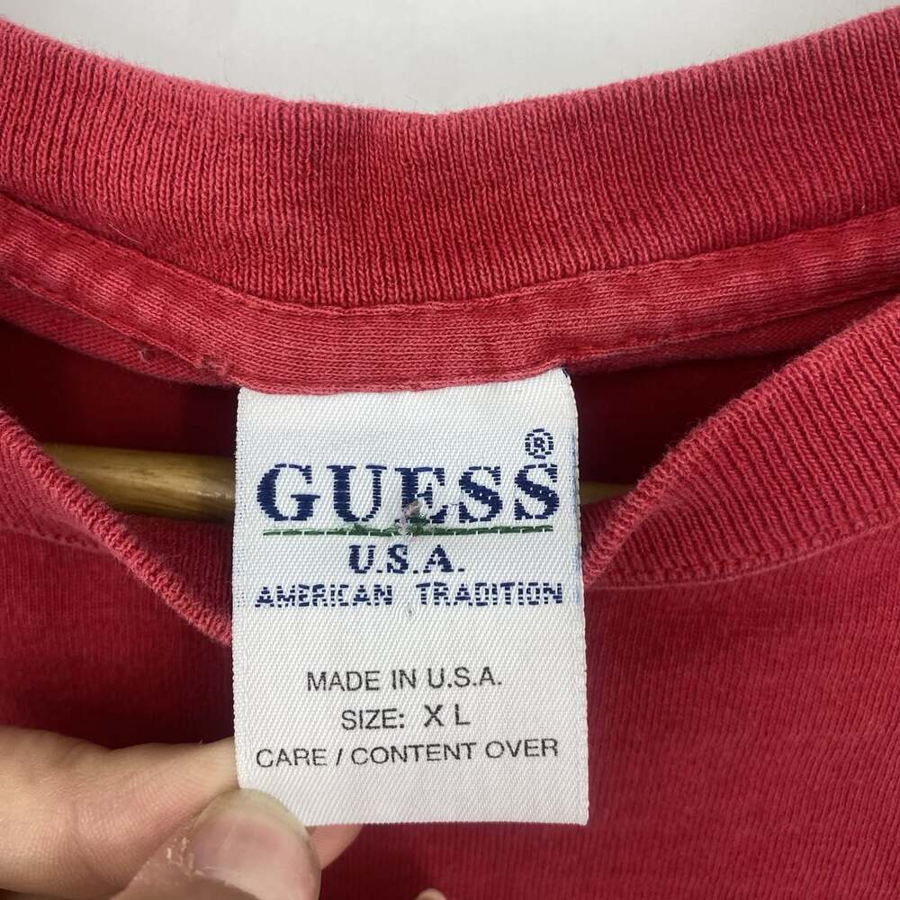 Vintage 90's Y2K Guess Jeans Embroidered Flag Red Tee Made USA Cotton Size XL - Picture 6 of 8